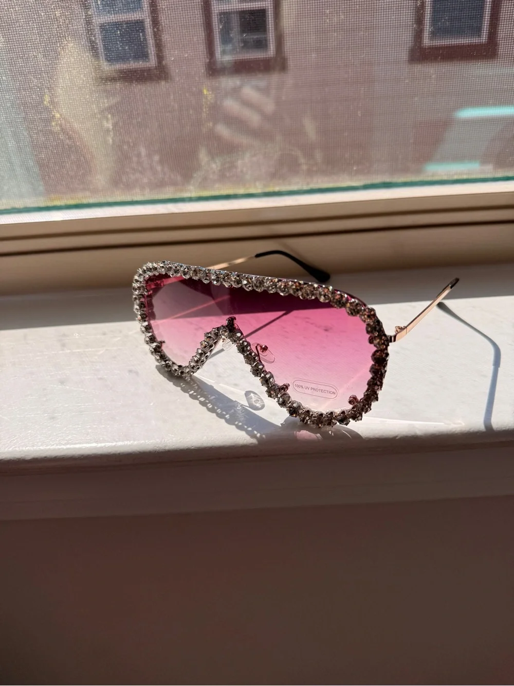 Rhinestone Trim Pink Shield Sunglasses - Women Accessories